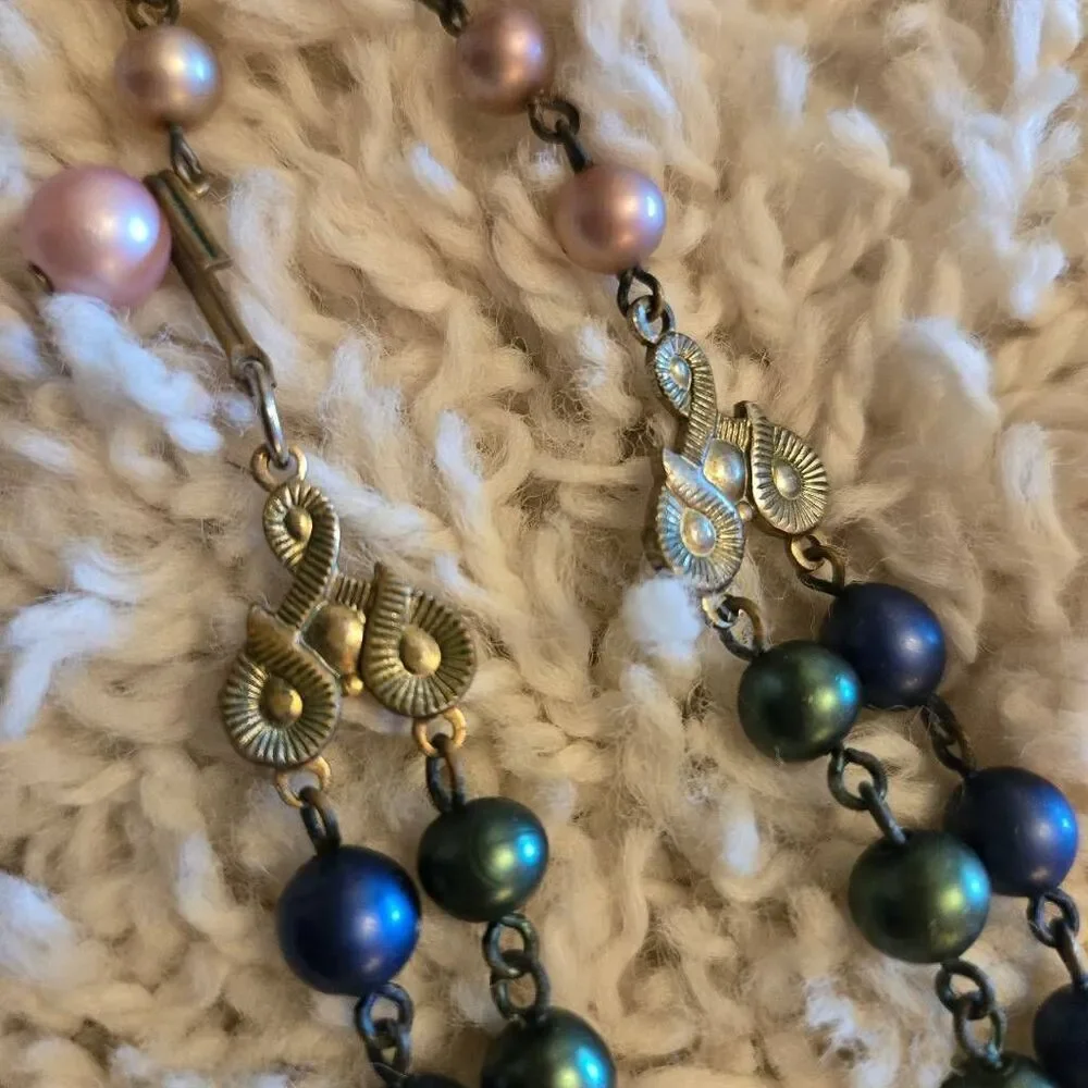 Vintage 50s 2 strand Necklace & Earrings Set Multicolor